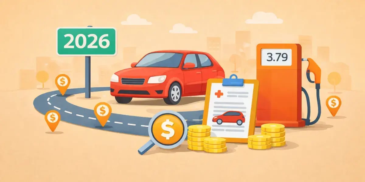 Illustration of a red car, 2026 road sign, gas pump, mileage log clipboard, and coins on an orange background.
