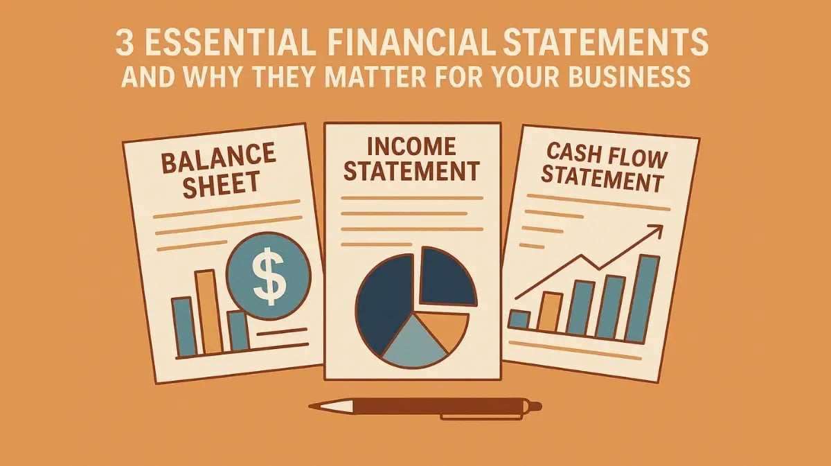 Three financial statements with charts on an orange background.