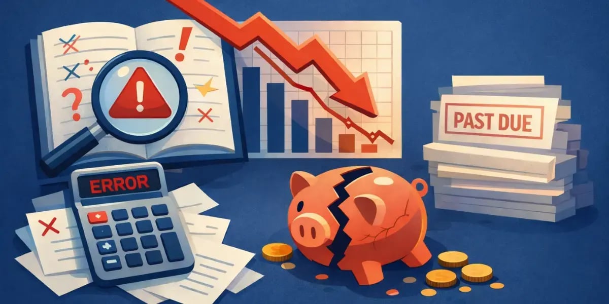 Broken piggy bank, declining chart, calculator error, and past-due bills on a blue background.