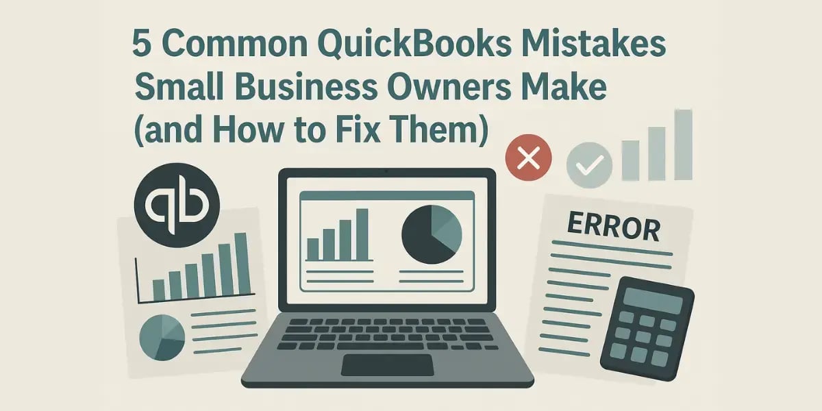 Alt text: “Blog cover with laptop, QuickBooks charts, and error document on beige background.”