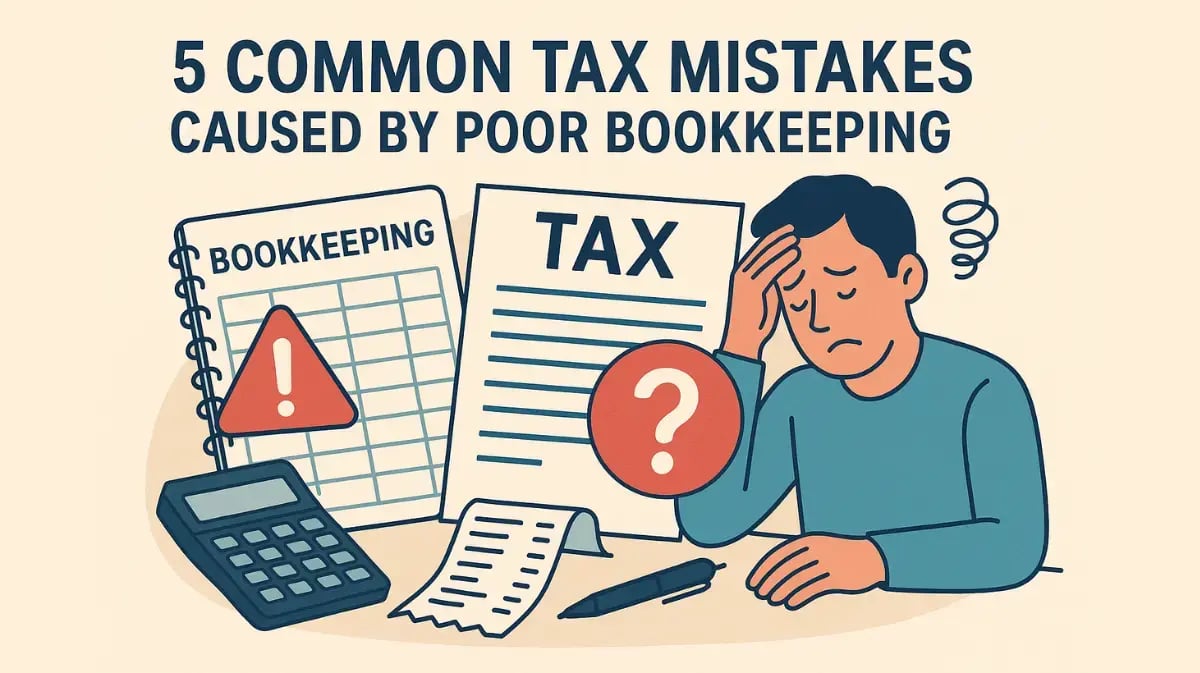 Stressed man with tax forms and bookkeeping errors, symbolizing confusion from poor financial records.