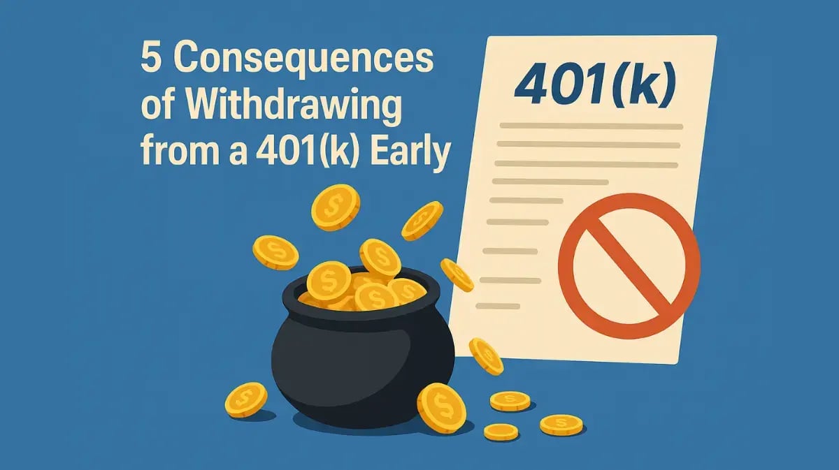 Blog cover with blue background, 401(k) document, prohibition symbol, and spilling gold coins.