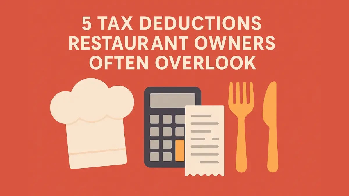 Illustration of a chef’s hat, calculator, receipt, and utensils on a red-orange background with the title “5 Tax Deductions Restaurant Owners Often Overlook” in bold white text.