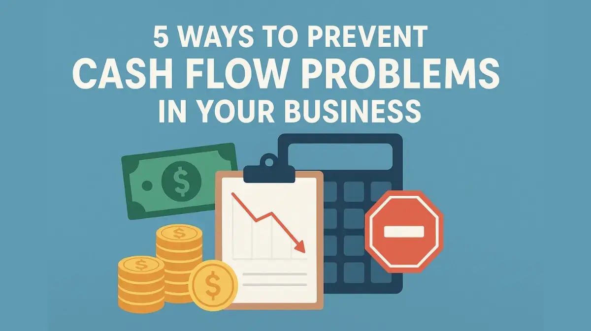 Bold white title on a solid blue background with icons of cash, coins, a downward-trending graph, a calculator, and a stop sign