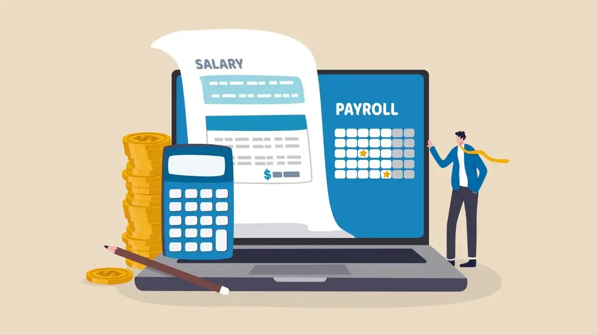 Illustration of payroll management showing a laptop screen with a payroll calendar, a large salary slip, stacked coins, a calculator, a pencil, and a businessperson standing beside the laptop, representing financial planning and payroll cost analysis.
