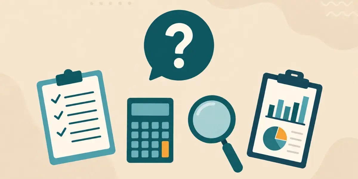 Graphic with the title '8 Questions to Ask When Considering a New Accountant', featuring icons of a checklist, calculator, magnifying glass, and financial chart.