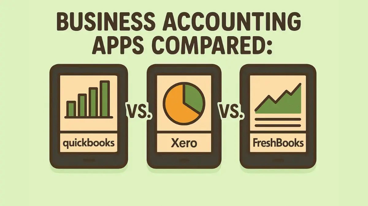 Comparison of QuickBooks, Xero, and FreshBooks apps on tablets over a light green background.