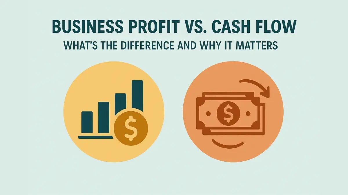 Icons of a bar chart with dollar sign and a dollar bill with arrows, illustrating the difference between profit and cash flow.