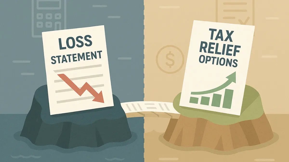 Flat illustration of a loss document connected by a bridge to a tax relief chart.