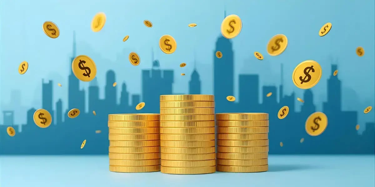 Stacks of money in front of the darkened skyline of a city in the background