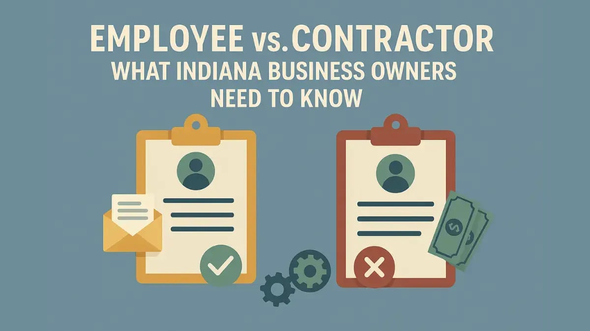 Blog cover image showing two clipboards labeled employee and contractor on a blue background with business icons.