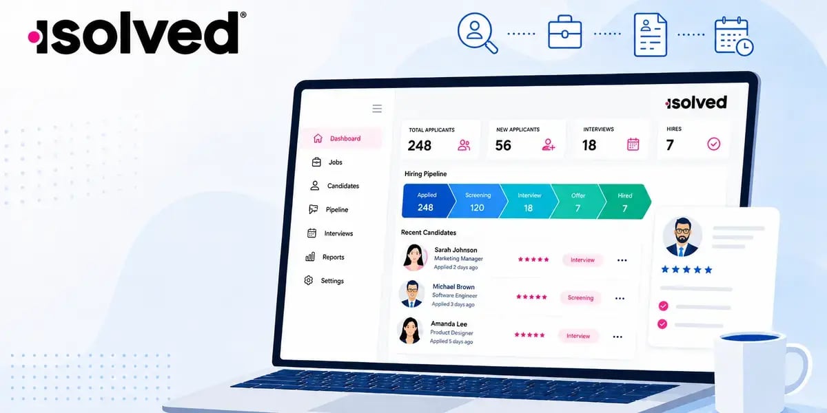 Illustrated isolved hiring dashboard on a laptop with applicant tracking and recruitment workflow icons.
