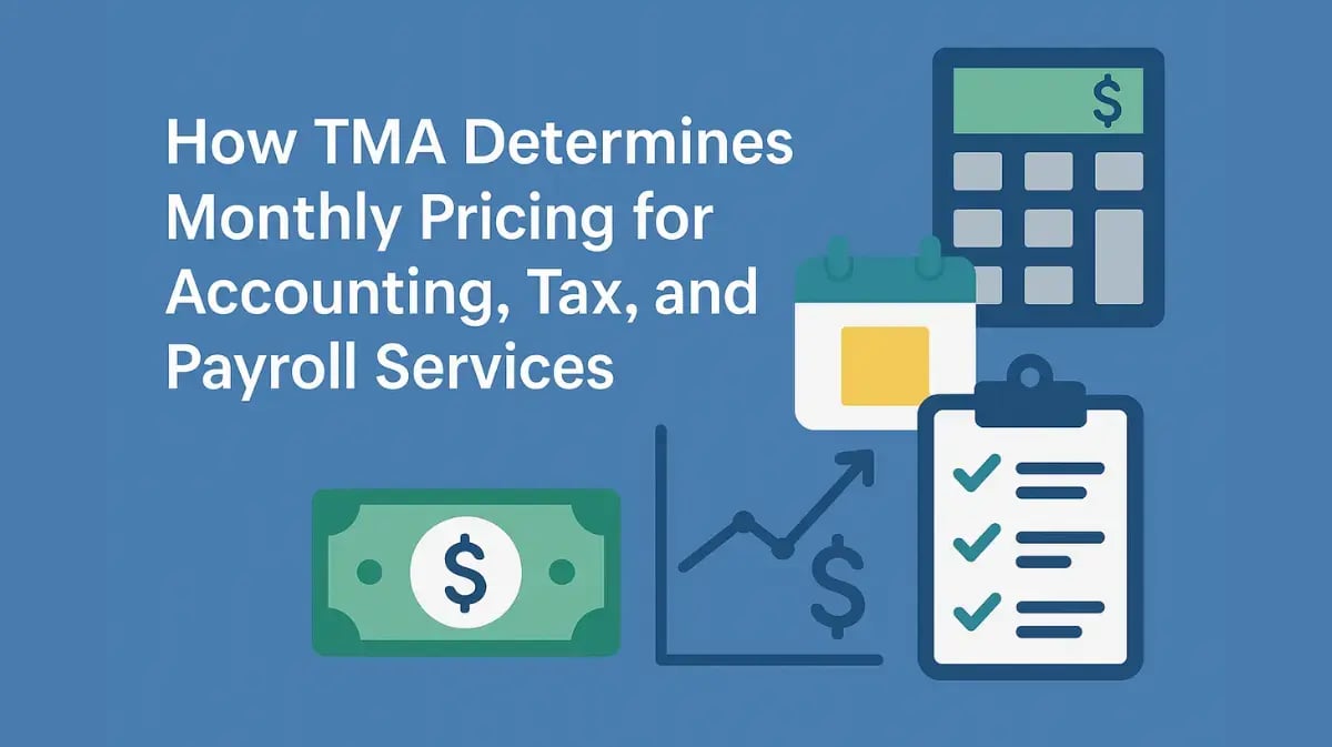 Blue cover image with the title 'How TMA Determines Monthly Pricing for Accounting, Tax, and Payroll Services' alongside icons of a calculator, calendar, dollar bill, checklist, and upward graph.