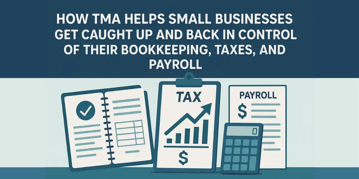 Flat-design blog cover with bookkeeping, tax, and payroll icons under the title about TMA helping small businesses.