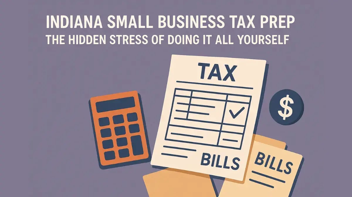 Illustration of tax documents, calculator, and bills with blog title on purple background.