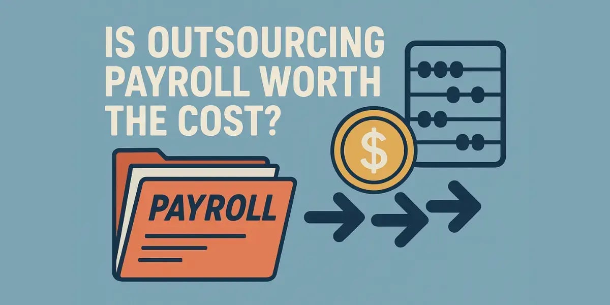 Blog cover with payroll folder, dollar coin, arrows, and abacus on blue background.