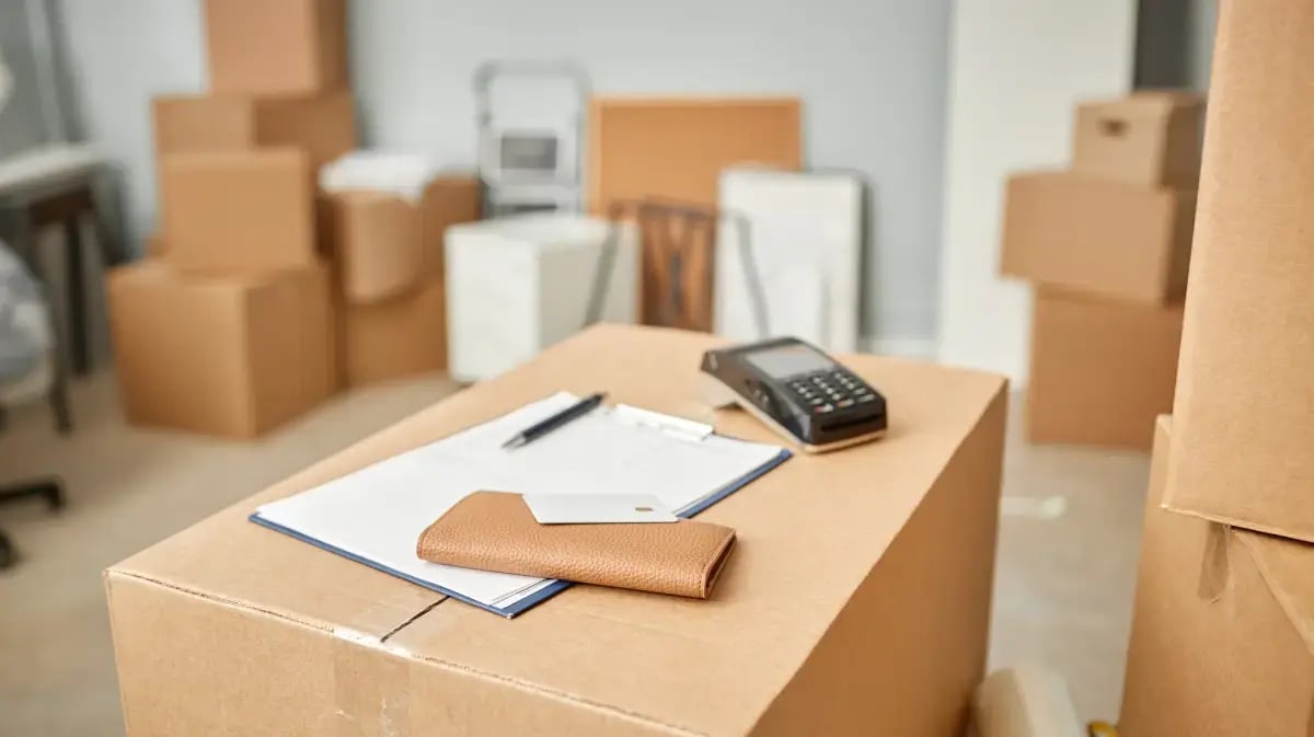Moving box with various items on top of it