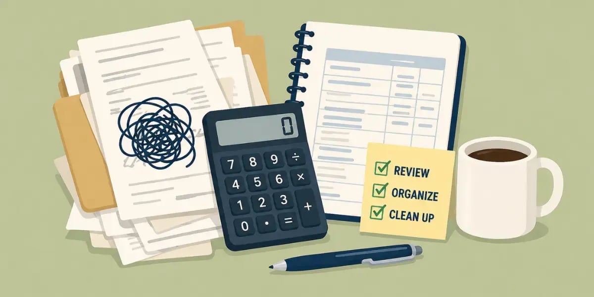 Centered illustration of messy paperwork, calculator, notebook, checklist, and coffee mug on a green background.