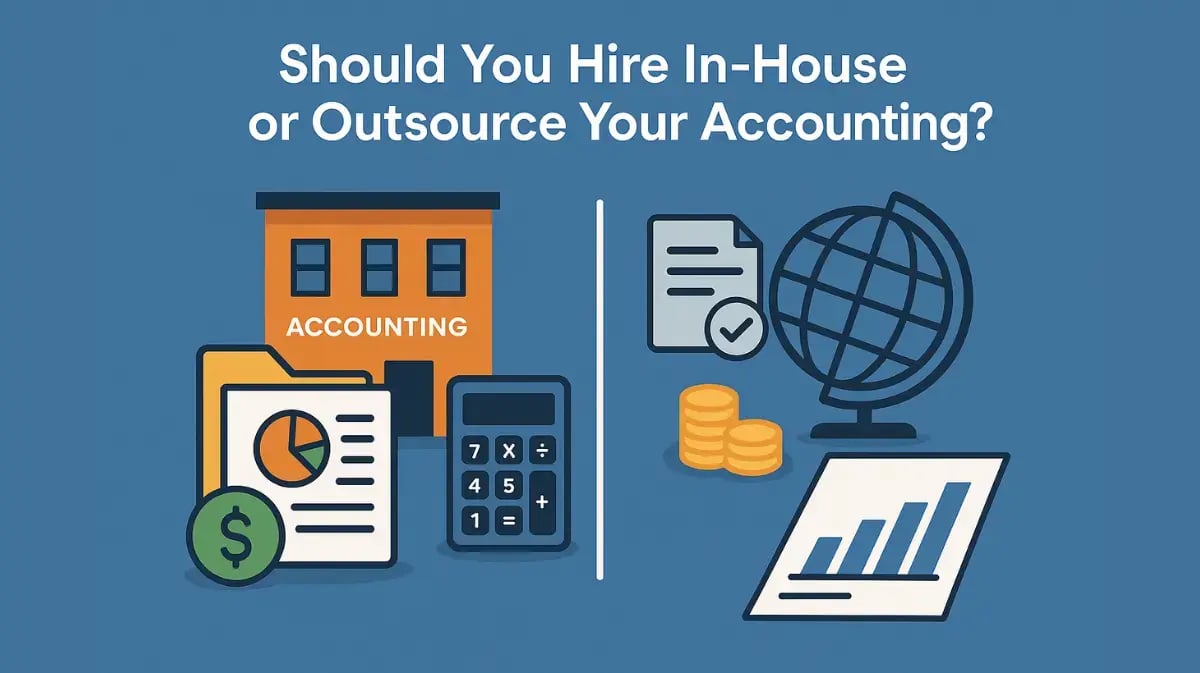 Illustration comparing in-house vs outsourced accounting, with icons of a building, calculator, globe, and financial documents.
