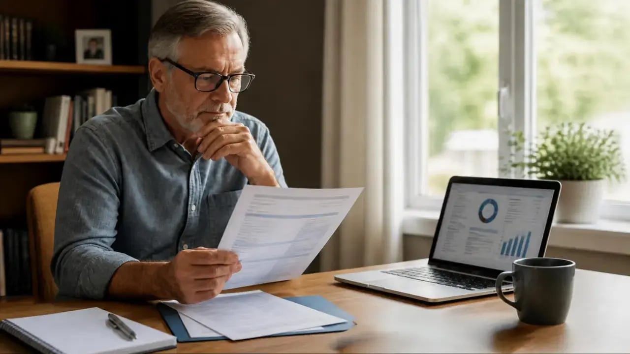 Business owner reviewing financial documents beside a laptop.