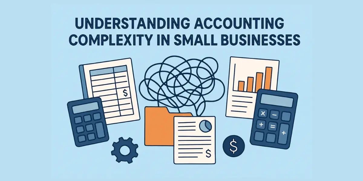 Illustration of accounting tools and documents with a tangled line symbolizing small-business accounting complexity.
