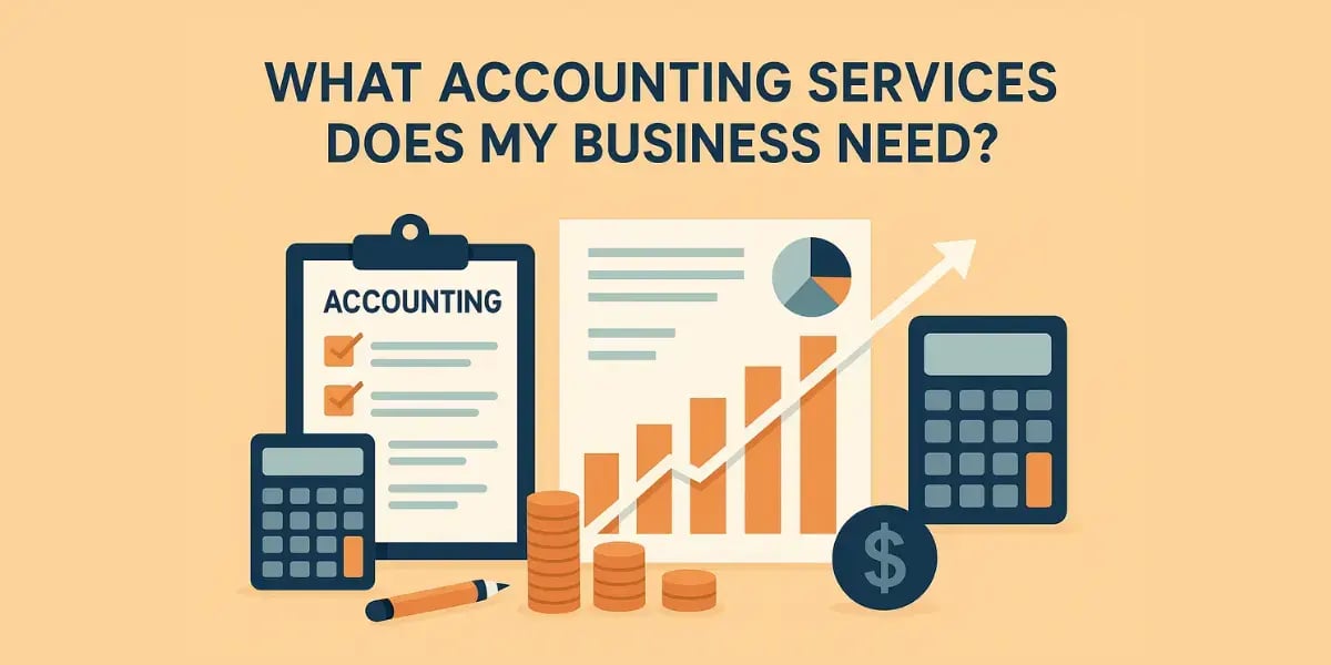 Flat illustration of accounting checklists, calculators, charts, and coins under the title on a solid background.