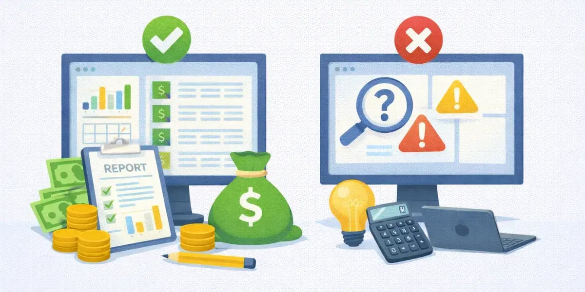 Split illustration showing accounting software benefits vs limitations with charts, money, and warning icons.