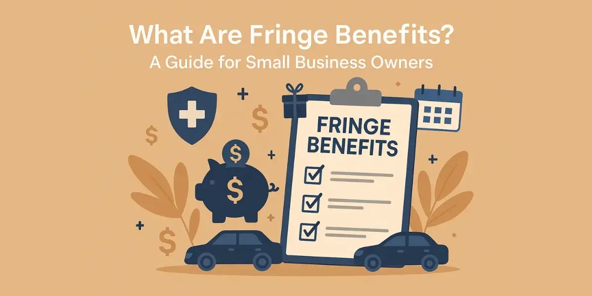 Illustrated cover with a clipboard labeled ‘Fringe Benefits’ and related icons for a small business guide.
