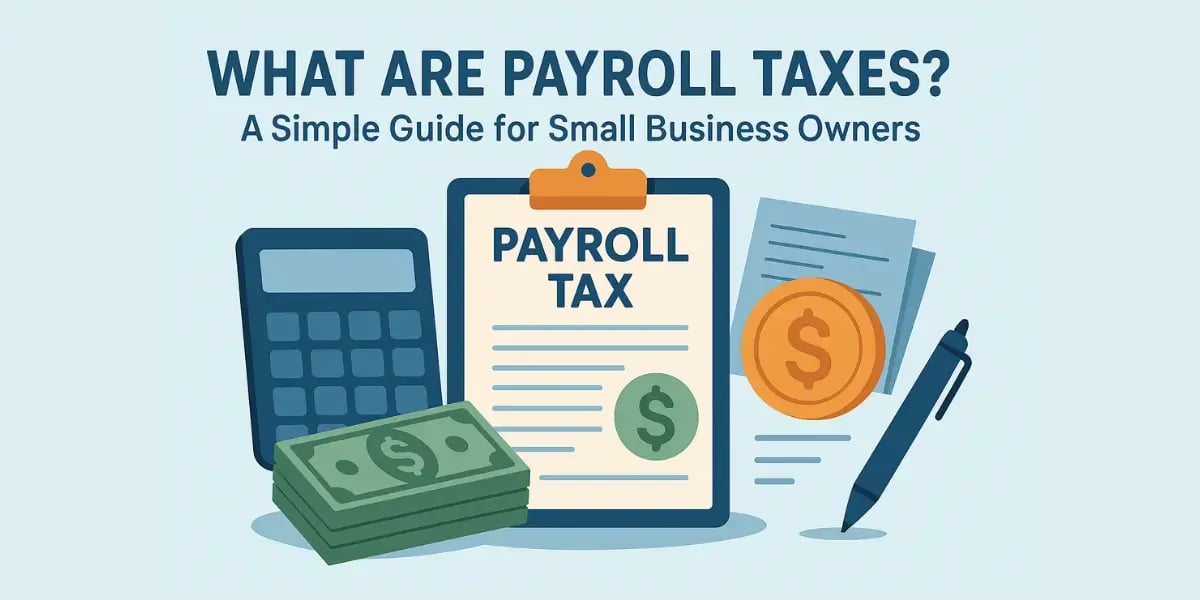 Illustration of payroll tax documents, calculator, and money on a light blue background.