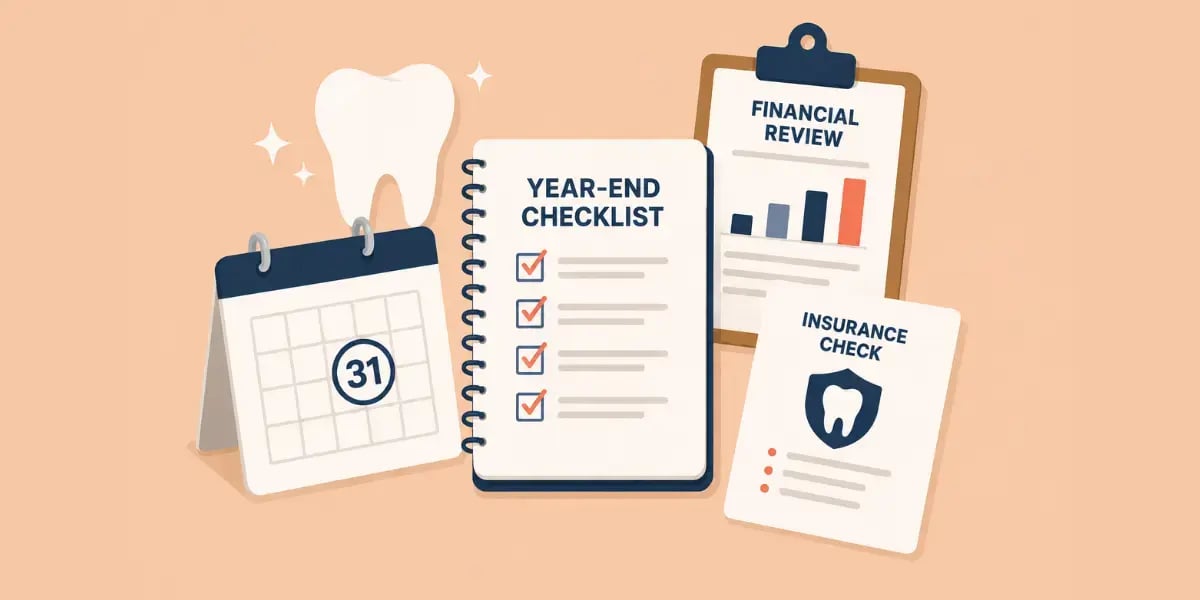 Dental year-end planning illustration with checklist, calendar, financial review, and insurance documents on a warm peach background.