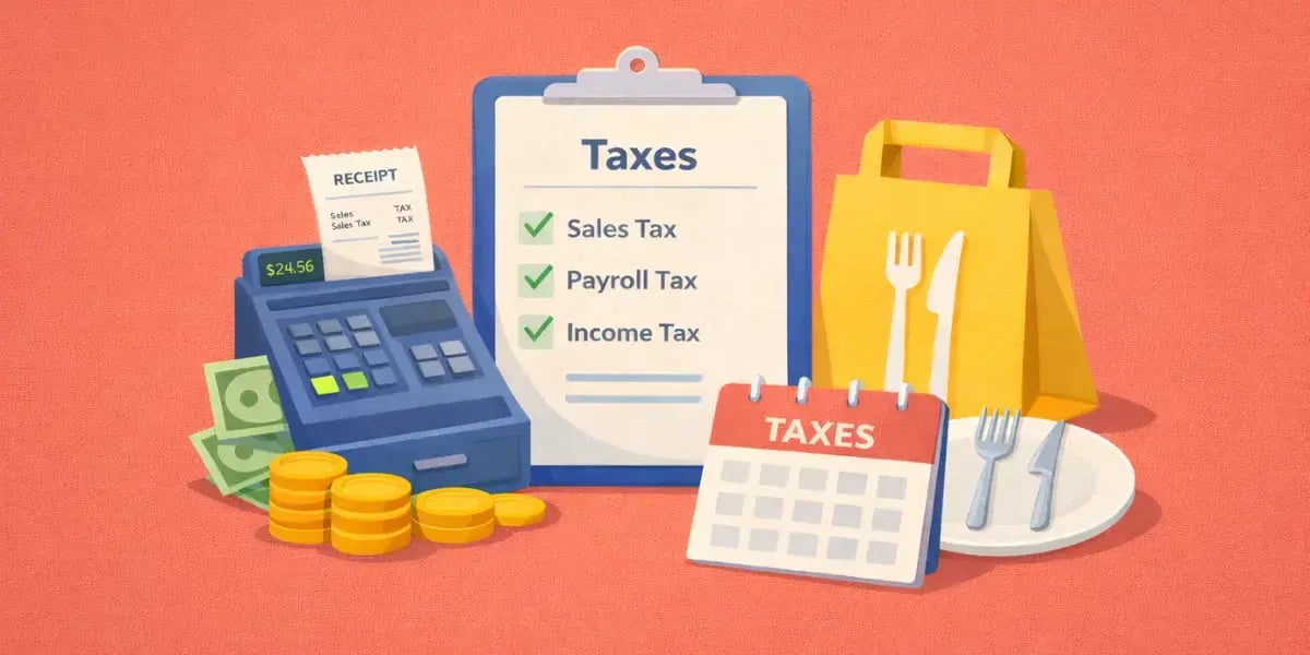 Restaurant tax icons with cash register, taxes checklist, takeout bag, calendar, coins, and receipt.