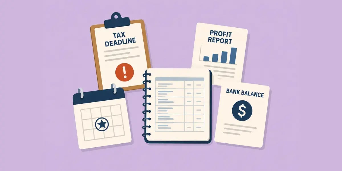 Flat illustration of bookkeeping documents, calendar, and financial reports on a soft lavender background.