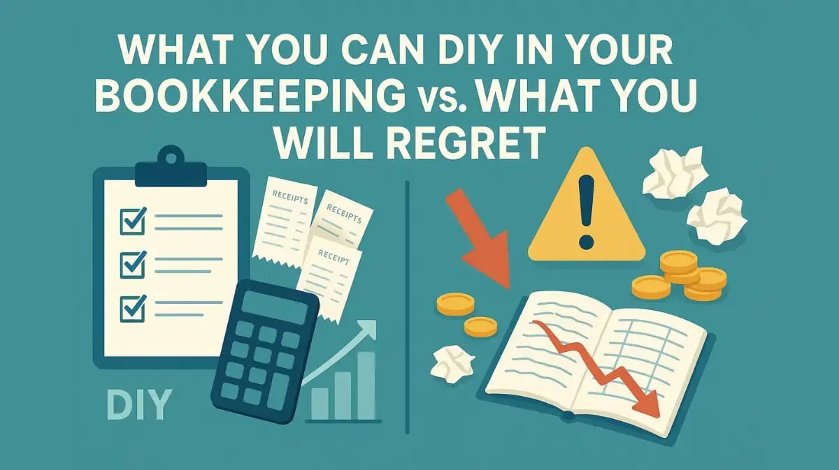 Split illustration of bookkeeping: left shows organized DIY with receipts, checklist, and calculator; right shows regret with warning sign, falling graph, and scattered coins.