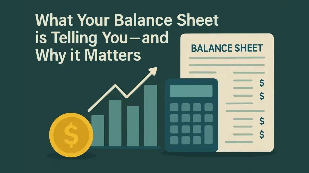 Blog cover with title on dark green background, featuring a balance sheet, calculator, coin, and bar chart.