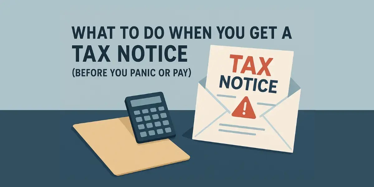 Illustrated blog cover with a tax notice letter and calculator.