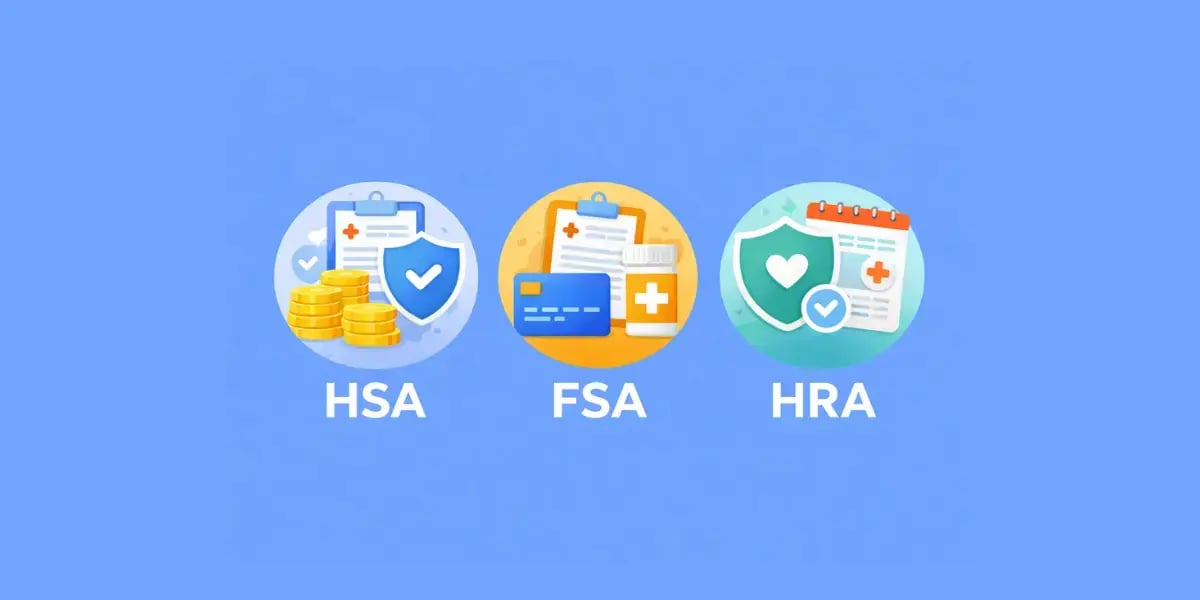 Three large icons labeled HSA, FSA, and HRA on a blue background, each showing healthcare and benefits symbols.