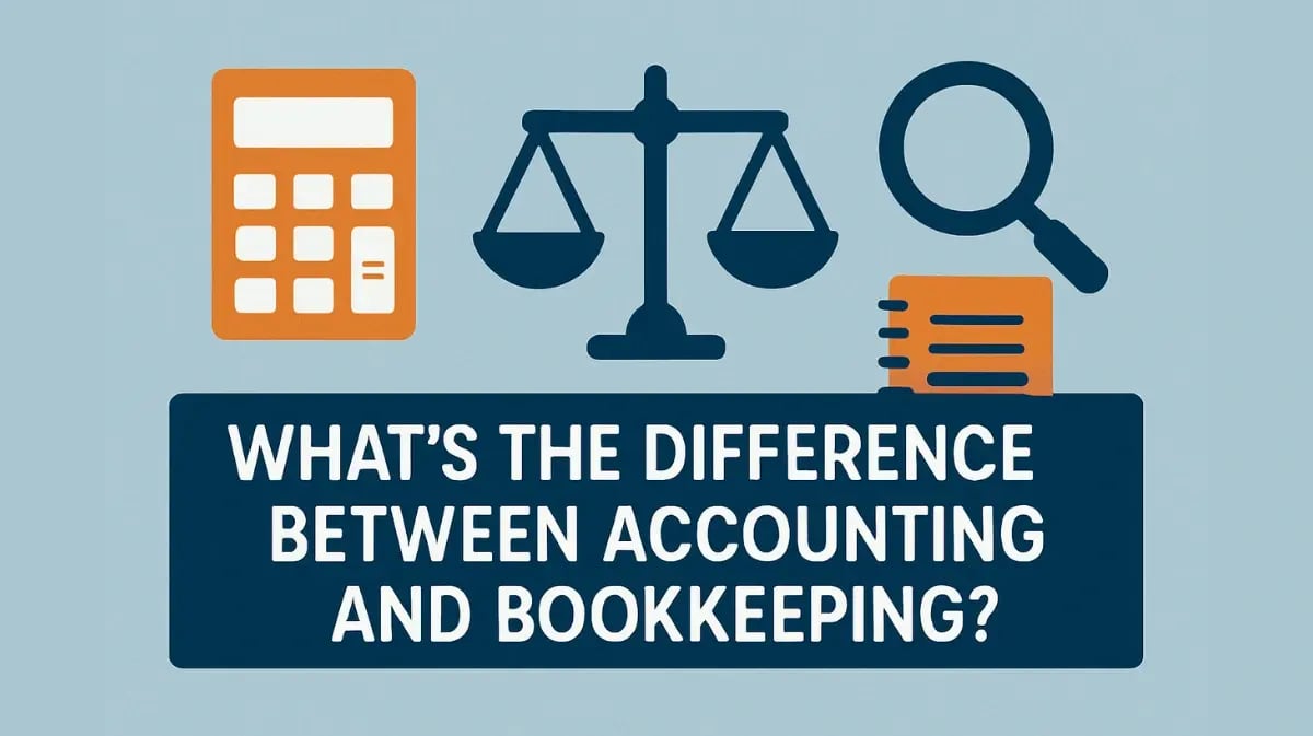 Illustration with accounting and bookkeeping icons and bold text