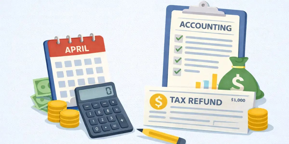 Large accounting illustration with April calendar, calculator, coins, clipboard, money bag, and tax refund check.