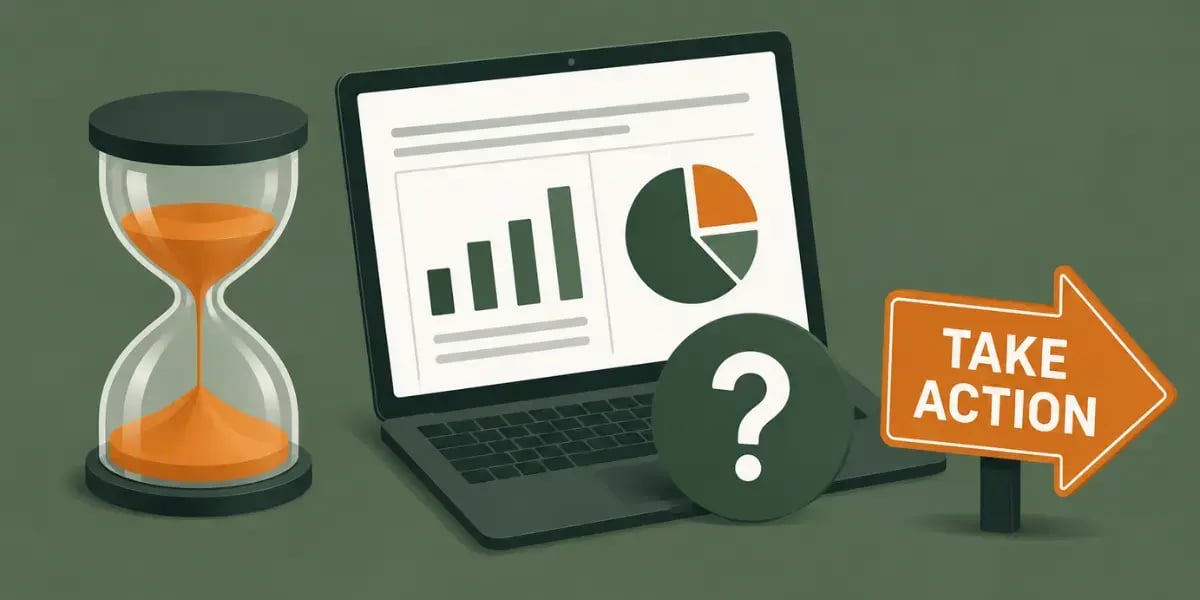 Hourglass, laptop with financial charts, question mark, and take action sign on a dark green background.