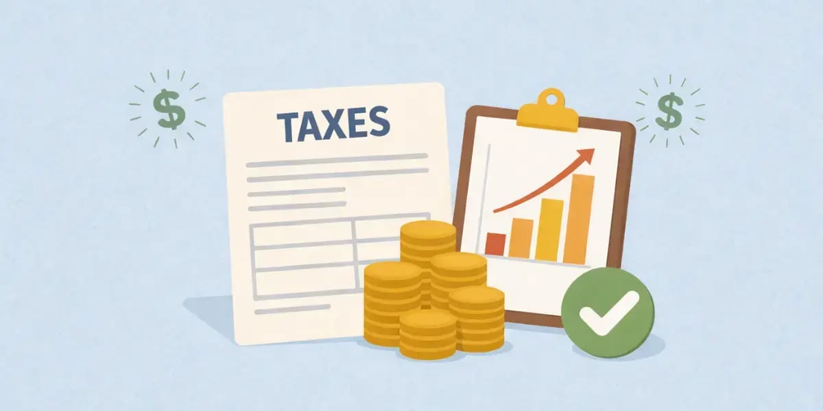 Centered flat illustration of a tax document, stacked coins, growth chart clipboard, and checkmark on a light blue background.
