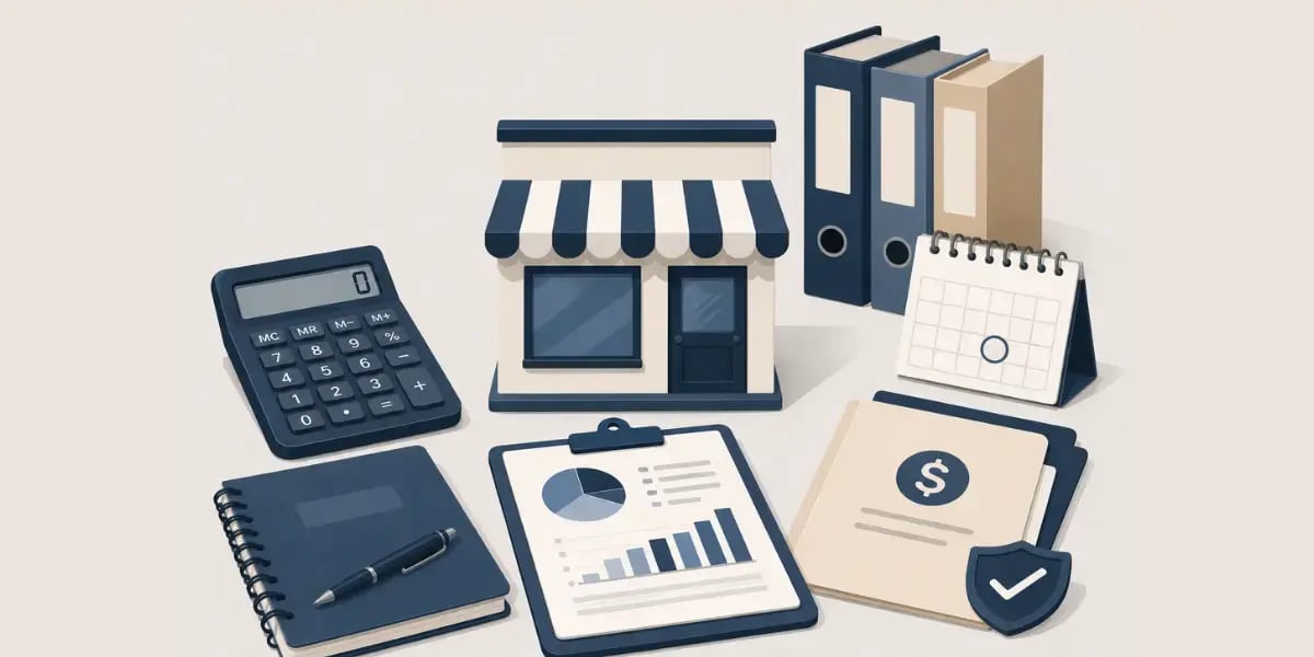 Small business storefront surrounded by accounting tools, financial reports, and organized business documents.