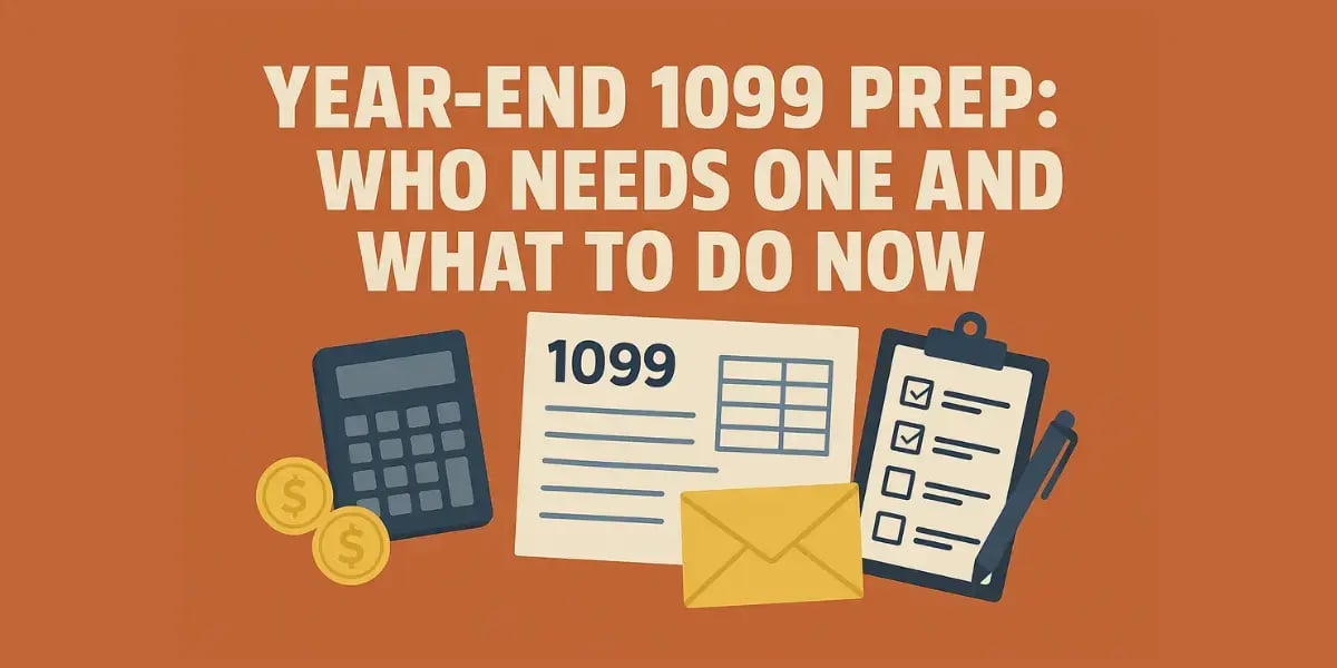 Burnt-orange blog cover with bold “Year-End 1099 Prep” headline and flat icons of a calculator, coins, a 1099 form, an envelope, and a checklist.